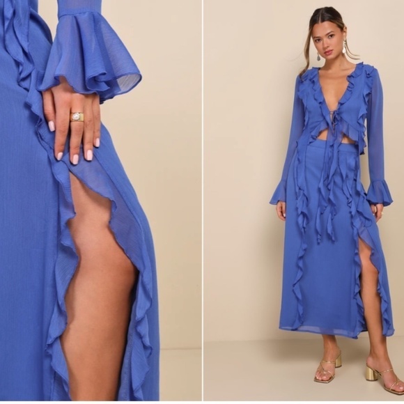 LULU's Boho Bohemian Flowy Romantic Ruffle Chiffon Blue Maxi Skirt NWT - Picture 3 of 5